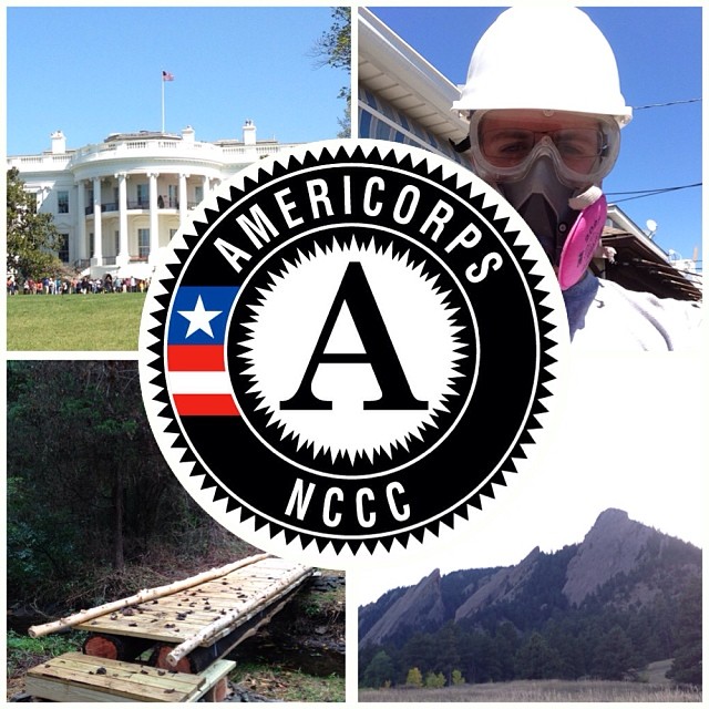 Collage of Gavin McGimpsey's AmeriCorps experiences, with a photo of the White House, of a bridge, of Gavin in a respirator mask, and of the Flatirons in Colorado, surrounding the AmeriCorps logo.
